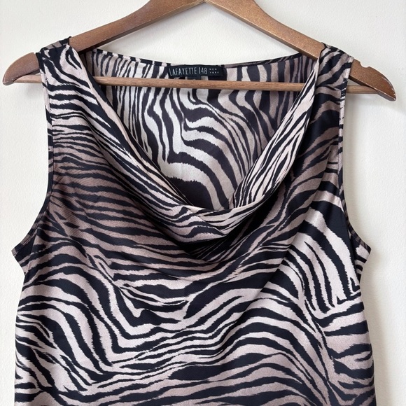 Lafayette 148 Zebra Cowl Neck Silk Blouse 10 Sleeveless Black Tan - Picture 2 of 7